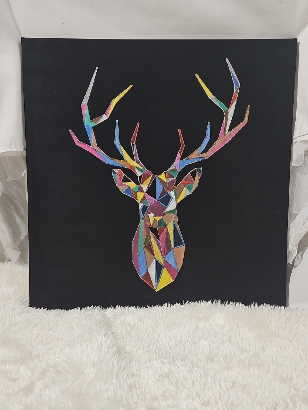 Handmade Upcycled Geometric Multicolor Deer Wall Art on Black Canvas Acrylic Art
